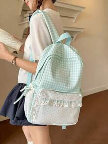 Gingham Spliced Mini Polka Dot Backpack With Lace Ruffle Trim And Side Bow, Lightweight College Student Backpack For Daily Commute & Back-To-School - Multicolor - View 7