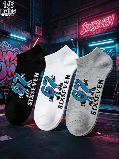 1/6 Pair [Random Style] SIXSEVEN Cartoon Number 67 Unisex Print Low-Cut Socks, Men's Street Hiphop Style Invisible Short Socks, Breathable Casual Sports Ankle Socks For Spring And Summer