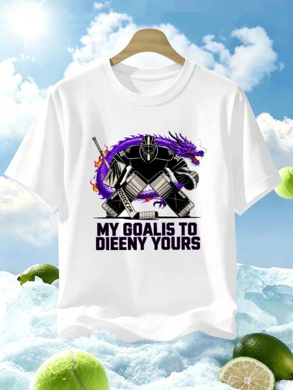 Dragon Hockey Graphic T-Shirt Men's Autumn 100% Cotton Print Casual Breathable.
