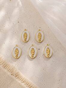 2/3/5pcs Stainless Steel 18K Gold Plated Oil-Drip Vintage Virgin Mary Pendant Set, Retro Fashion Exquisite Versatile Pendant Charm, Handmade Clavicle Chain, Mini Earrings, Daily Commute, Worship Wear Accessories - Yellow Gold - View 7