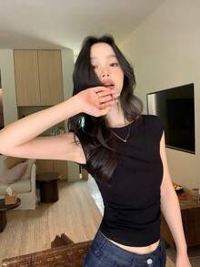 女款純色船領短袖T恤，設計感修身收腰針織上衣，夏季黑色 - 黑色 - 查看 2