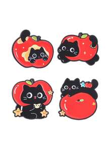 4pcs Cute Black Cat & Red Apple Enamel Brooch Set, Adorable Kitten Fruit Star Pins For Backpack, Straw Hat, Clothing Decoration Gift - Multicolor - View 10