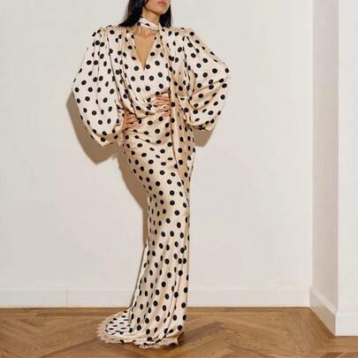 New Women's Clothing, Cross-Border European And American Dresses, Vintage Polka Dot V-Neck Puff Sleeve Waist-Cinching Long Dress, Breathable And Comfo