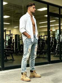 Men's Stretch Washed Denim Tight Pants Embroidered With Holes Suitable For Commuting, Street Photography, And Gatherings - Medium Wash - View 2