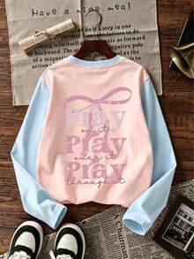 Tween Girl 1pc Printed Patchwork Contrast Color Long Sleeve T-Shirt, Suitable For Girls' Autumn/Winter Tops, Young Student Children's Wear, Suitable For Outerwear And Layering - Pink - View 5