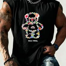 1pc Estilo Bohemio, Oso Floral Colorido, Camiseta Sin Mangas para Hombre, Diseño de Flores con Frase Love Simply Bloom Wildly, Corte Regular, Ideal para Verano y Actividades Casuales, Tenden - Negro - Ver 1