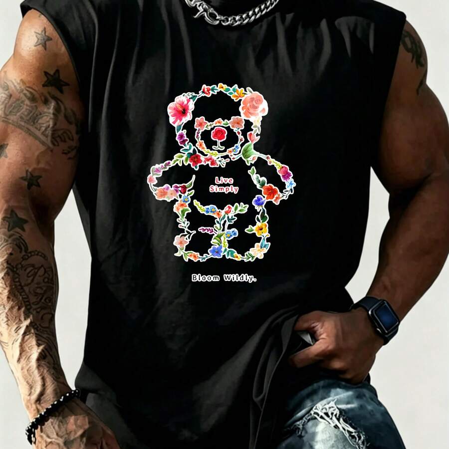 1pc Estilo Bohemio, Oso Floral Colorido, Camiseta Sin Mangas para Hombre, Diseño de Flores con Frase Love Simply Bloom Wildly, Corte Regular, Ideal para Verano y Actividades Casuales, Tenden - Negro - Ver 1