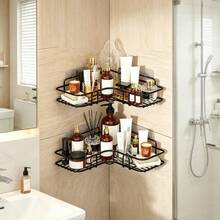 1pc Black Triangle Multifunctional Self-Adhesive Wall-Mounted Corner Storage Rack, Bathroom Storage, Kitchen Storage, Cosmetic Holder - Multicolor - View 5