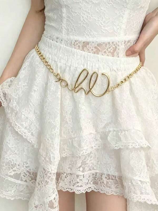 1pc Women's Gold Tone Letter Decor Chain Belt, Zinc Alloy Western Cowboy Style, Casual Pants, Dress, Plus Size, Beach, Wedding, Festival, Party, Sports Occasions
