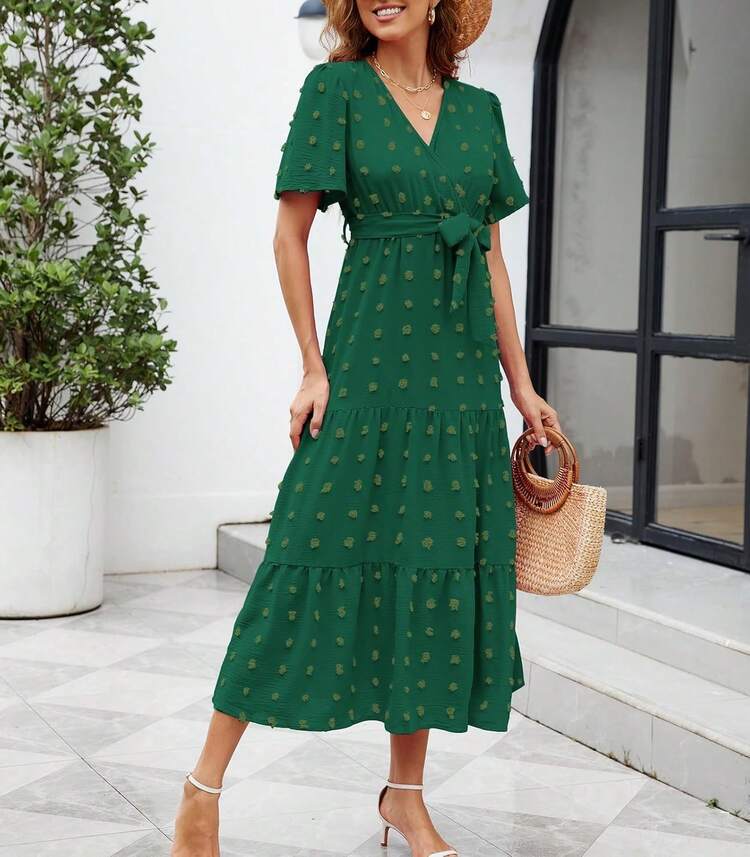 COLIZAMX Vestido Largo para Mujer de Verano con Cuello en V Vestido Elegante de Sólido Manga Corta - azul claro - Añade 2