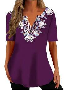 Ceboyel - Camisas Henley con estampado floral para mujer, cuello en V, sexy, casual, de manga corta, blusas elegantes para mujer - Blanco #19 - Ver 18