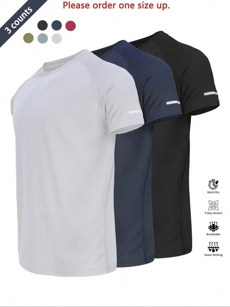 Camiseta deportiva reflectante, transpirable y de secado rápido, manga corta y cuello redondo, camiseta atlética ligera para hombre, ideal para actividades al aire libre, ropa de gimnasio y entrenamiento, top de gimnasio, ropa para exteriores - Plata - Azul - Negro - Añade 2