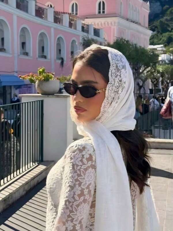 French Vintage Lace Linen Headscarf, Summer Beach Vacation Headband, Elegant Solid Color Bohemian Long Scarf
