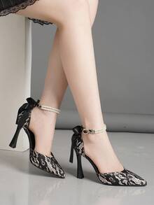 Spring New Fashion Bow Black & Burgundy High Heel Chunky Heel Pointed Toe French Low Vamp Versatile Pumps For Women Party Wedding - Black Mesh - View 3