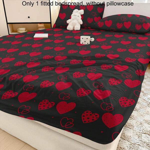 1 Peça Lençol de Elástico Ajustado com Estampa Minimalista Moderna de Plantas Florais, Bottom Preto e Padrão de Coração, Escovado, Capa de Cama Impressa para Quarto, Capa de Colchão, Protetor de Colchão, Roupa de Cama (Fronha Não Incluída)