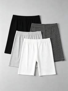 4pcs Girls' Thin Vertical Striped Cropped Leggings, Soft & Comfortable Minimalist All-Match Daily Wear, Spring & Autumn - Multicolor - View 11