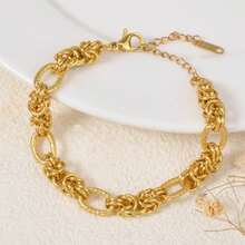 Fashionable Hip-Hop Stainless Steel 18K Gold-Plated Texture Interwoven Thick Bracelet Suitable For Men Women Daily Party Wear - Gold - View 5
