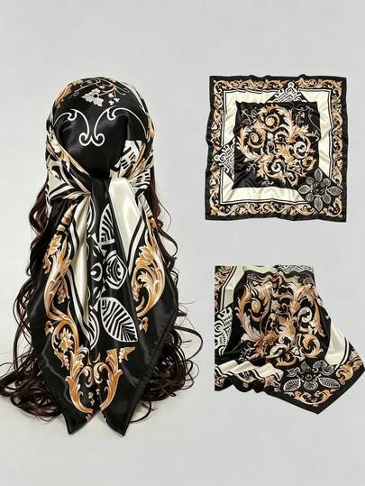 Luxury Black & Gold Classical Floral Pattern Glossy Satin Square Scarf, Multi-Use Silk Headwrap For Daily Hair Styling, Commute Outfit Accessory For Suit And Coat, Elegant Decorative Shawl For Photography And Styling