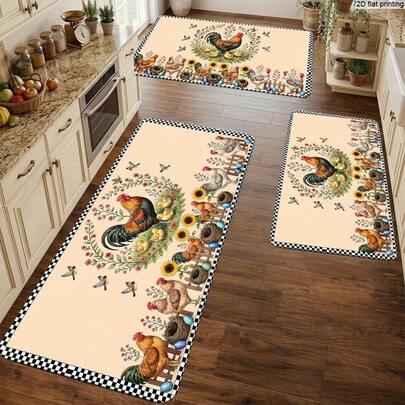 1 pieza Alfombra de cocina estilo granja, patrón rústico de gallina & girasol con borde a cuadros, múltiples tamaños, perfecta para cocina, porche, balcón, sala de estar, lavandería, dormitorio, excelente para decoración del hogar, regalos de inauguración, vacaciones & cumpleaños