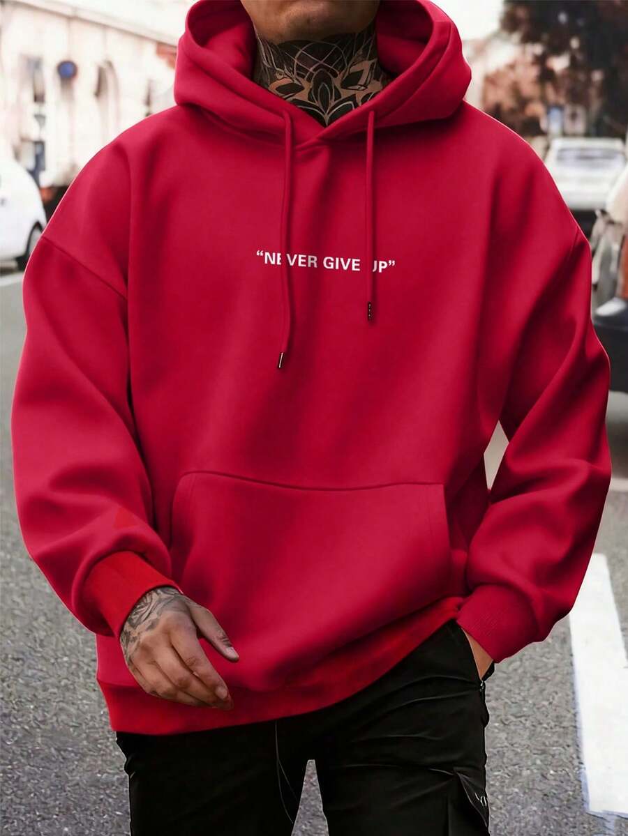 Men's Casual And Versatile Hoodie With Kangaroo Pocket, Drawstring And Simple Slogan Print, For Everyday Wear And Commuting, Autumn/Winter - Merah - View 1