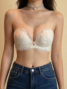 AB Cup Push-Up Lace Bra With Front Closure And Back V-Shape Design, Medium Thick And Anti-Sagging, Lingerie - Apricot - View 2