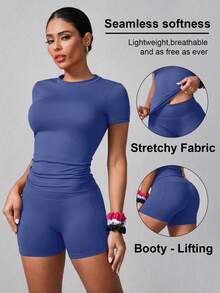 Conjunto deportivo de verano para mujer de unicolor simple con pantalón corto y manga corta - Azul Marino - Ver 1