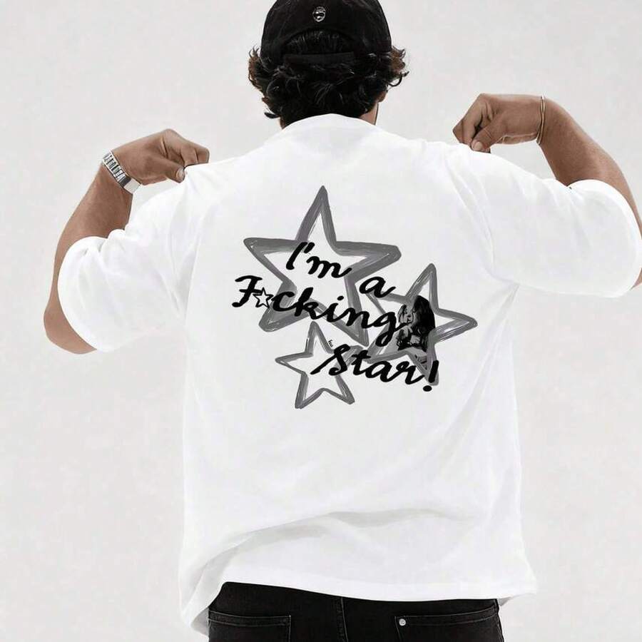 Men's Cotton T-Shirt, Inspired By Y2K Aesthetics, Features A Print With The Phrase "I'm A Shining Star". Made From Soft And Comfortable Cotton, It Has A Relaxed, Stylish Silhouette. - 白色 - 查看 1
