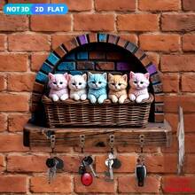 1pc 5 Cats Theme Wooden Key Holder Wall Mount Multi-Functional Home Key Rack With 4 Hooks Entryway Porch Room Organization Wall Decor Housewarming Gift Decorative Storage Solution For Modern Living Spaces - Multicolor - View 2