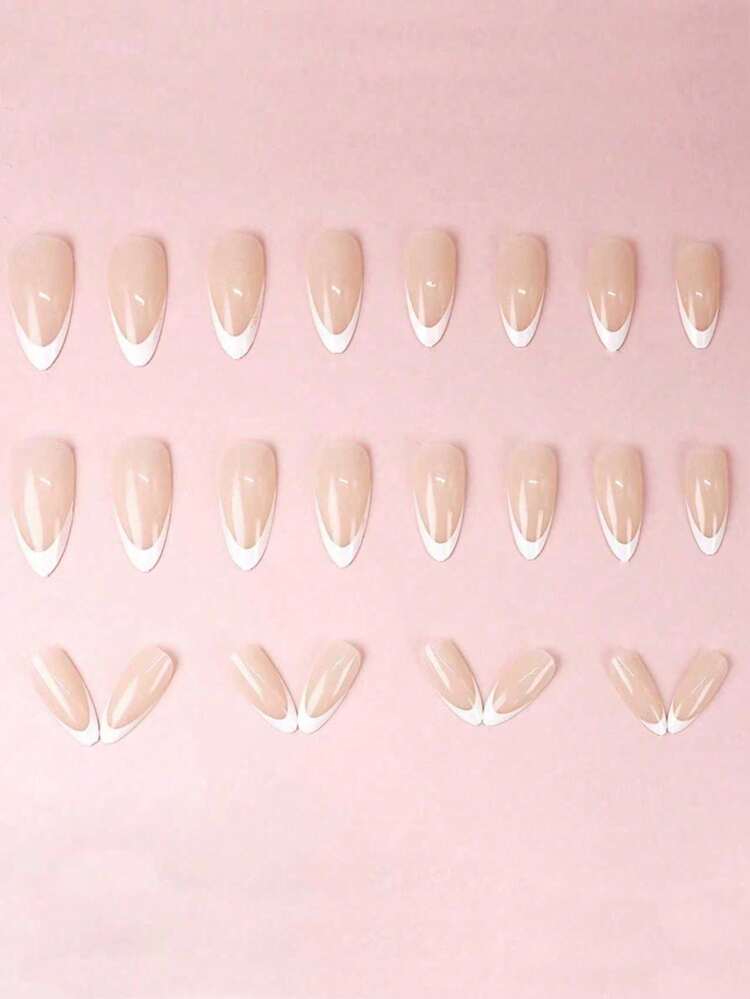 Minimalism Style 24pcs Short Almond White Edge French Press-On Nails, Fake Nail Tips, Nail Stickers, Manicure Set Suitable For Daily Wear, Dates, Afternoon Tea, Outings - Multicolor - View 3