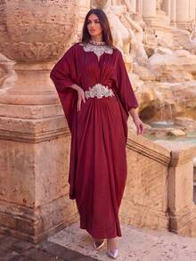 Faeriesty Hochwertiges Abendkleid, Stehkragen Fledermausärmel Design, luxuriöses Bankett-Kleid, geeignet als Hochzeitsgast-Outfit für Partys - Bordeaux - Übersicht 2