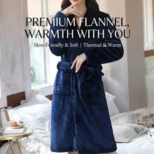 1 pieza Bata de baño de franela gruesa de moda para mujer, con bolsillos, lazo, cuello doblado, suave y cómoda, para relajación corporal, adecuada para ropa de dormir y lencería de mujer de talla grande - Azul Marino - Ver 9