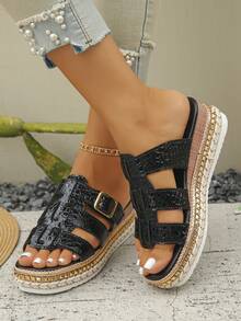 Women's Summer New Wedge Heel Thick Sole Open Toe Beach Sandals Black Crocodile Pattern Roman Style Hollow Wide Strap Metal Buckle Slip-On Slouchy Shoes European American Vintage Bohemian Vacation Style Comfortable Non-Tiring Soft Sole Shock-Absorbing Plus Size Casual Versatile Lightweight Stable Non-Slip Wear-Resistant Skin-Flattering Platform Shoes Wood Grain Heel Woven Edge Fashion Street Personality Slip-On - Black Crocodile Pattern - View 4