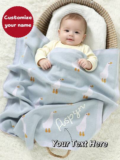 Customizable Handmade Embroidered Name Baby Knitted Blanket, Cute Cartoon Goose Jacquard Baby Swaddle Blanket, Newborn Wrap, All Season