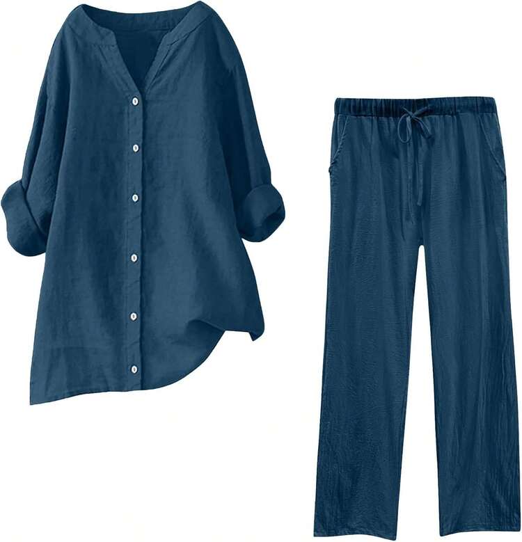 onjunto de verano de 2 piezas para mujer, tallas grandes, conjuntos de lino de algodón, cuello en V, blusa abotonada, camisetas de gran tamaño, camisetas de manga larga y pantalones casuales - Blanco#01 - Añade 7