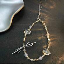 Crystal Transparent Heart Beaded Silver Bow Phone Lanyard Anti-Loss Wrist Strap Portable Personalized Phone Strap Beaded Bag Charm Keychain - White - View 5