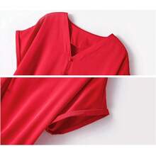 Camisa de verano de manga corta con botones de seda para mujer, con cuello en V, color liso, para oficina y dama, blusa casual - Rojo - - Ver 5