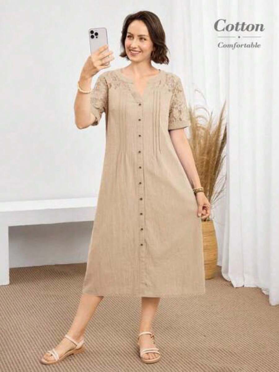 yonghongmaoyi1 Vestido casual de mujer de longitud media con cuello en V y parches de encaje, vestidos de verano para mujer, último estilo d - Albaricoque - Ver 1