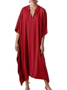 Bsubseach Mujer Vestido de Verano Kaftán para Playa de Seda Cuello en V Manga de Murciélago - Azul pavo real B - Ver 8