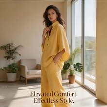 Conjunto de Dos Piezas de Lino y Algodón para Mujer, Camisa Casual con Mangas de Murciélago y Pantalones de Pierna Ancha, Transpirable - Amarillo - Ver 6