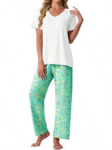 PrinStory - Conjunto de pijama suave de 2 piezas para mujer, conjunto de pijama casual de manga corta con bolsillos - Rayas cian - Ver 9