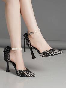 Spring New Fashion Bow Black & Burgundy High Heel Chunky Heel Pointed Toe French Low Vamp Versatile Pumps For Women Party Wedding - Black Mesh - View 2