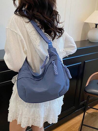 Bolso de hombro resistente al agua de nailon de unicolor, estilo minimalista casual tipo mochila universitaria con correa ancha yúltiples compartimentos con cremallera, adecuado para estud