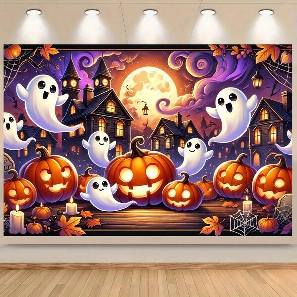 1 Piece Of Halloween Cheerful Ghost And Pumpkin Background Cloth, Suitable For Halloween Party Decoration, Home Garden And Living Room Decoration.