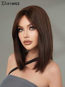 7JHH WIGS 女士短直髮咖啡棕色假髮 16英吋肩長側分瀏海波波頭 合成耐熱纖維假髮 女孩日常派對 Cosplay 使用 - 巧克力棕 - 查看 5