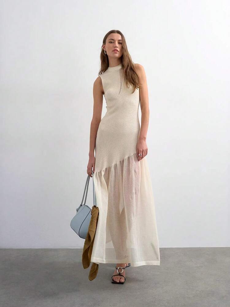 Elegant Dresses For Casual Parties For Women, Ribbed Knit Combined With Tulle, French Style, Summer, Exclusive Design, Sheer, Long - 白色 - 查看 11