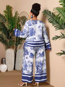 BIUBIU Damen Chic Toile Muster Große Größen Co-Ord Set V-Ausschnitt Aufrollbare Ärmel Kordelzug Top & Weite Hose, Perfektes Sommer Kreuzfahrt Outfit Elegant - Blau - Übersicht 2