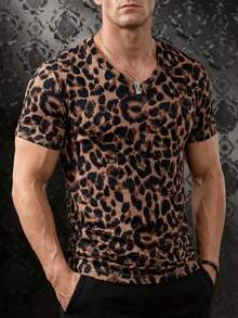 Men's V-Neck Leopard Print T-Shirt, Casual Outdoor Fashion Style - Multicolor - View 3