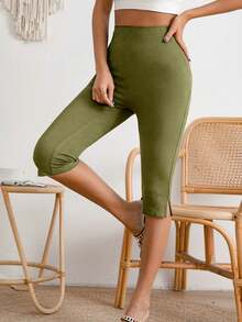 Solid Split Hem Capri Leggings - Olive Green - View 1