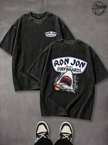 Shark Surfing Graphic Men's Summer T-Shirt, Unisex Streetwear, Retro Street Style, Outdoor Sports And Leisure, Beach Travel,Perfect Gift - 黑色 - 查看 1