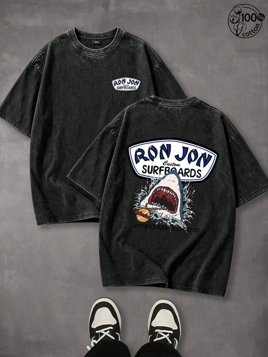 Shark Surfing Graphic Men's Summer T-Shirt, Unisex Streetwear, Retro Street Style, Outdoor Sports And Leisure, Beach Travel,Perfect Gift - 黑色 - 查看 1